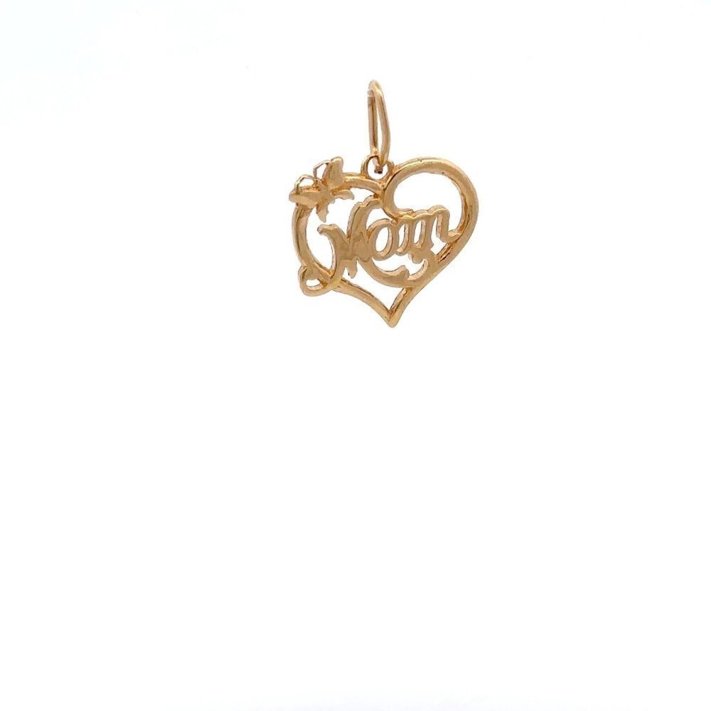 18K Gold Pendant Charm Heart MOM Butterfly - Picture 1 of 9